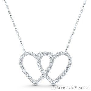 Double-Heart CZ Crystal Pave Charm .925 Sterling Silver Pendant & Chain Necklace